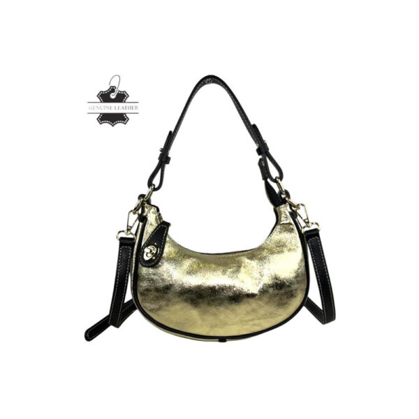 Bolso de Mano en Piel con Diseño Medialuna, Efecto Brillante y Cremallera con Seguro para Mujer.